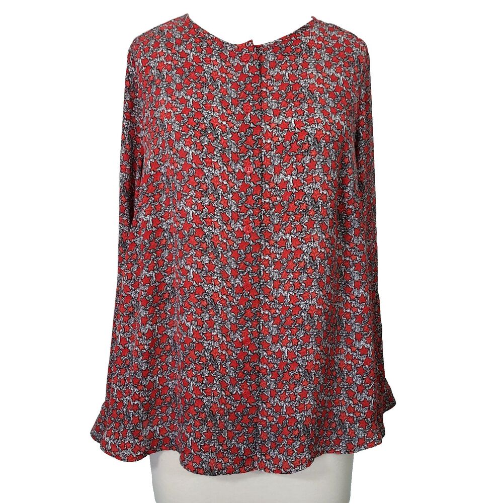 6th & LN Women Blouse Button Up Shirt Size 16 Red Star Print Chiffon Lightweight